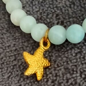 Amazonite Gold-tone Starfish Charm Beaded Elastic Bracelet